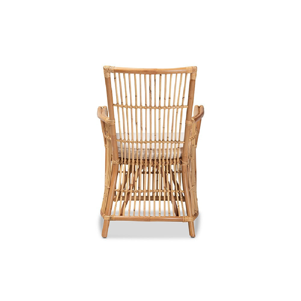 bali & pari Rose Modern Bohemian White Fabric Upholstered and Natural Brown Rattan Armchair WHI-Rose-Rattan-Armchair