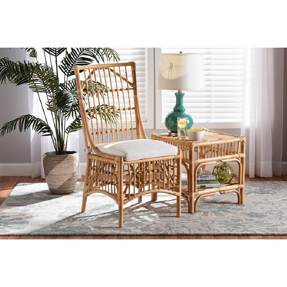bali & pari Rose Modern Bohemian White Fabric Upholstered and Natural Brown Rattan Dining Chair WHI-Rose-Rattan-DC-No-Arm