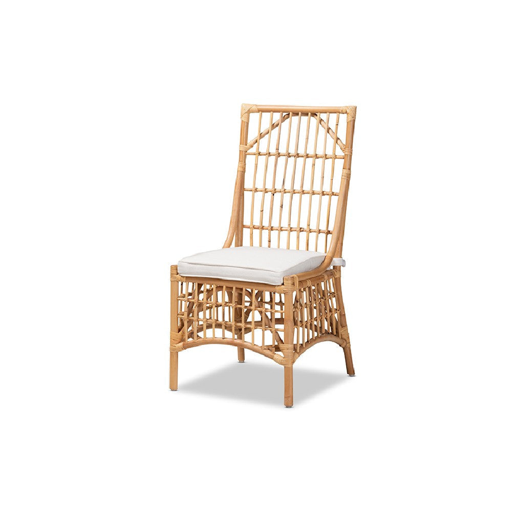 bali & pari Rose Modern Bohemian White Fabric Upholstered and Natural Brown Rattan Dining Chair WHI-Rose-Rattan-DC-No-Arm