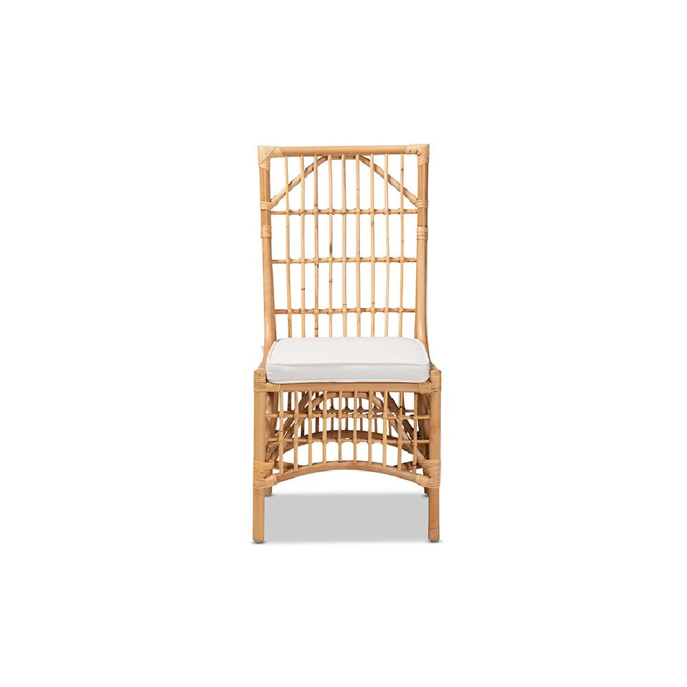 bali & pari Rose Modern Bohemian White Fabric Upholstered and Natural Brown Rattan Dining Chair WHI-Rose-Rattan-DC-No-Arm