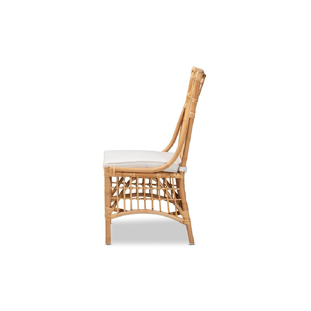 bali & pari Rose Modern Bohemian White Fabric Upholstered and Natural Brown Rattan Dining Chair WHI-Rose-Rattan-DC-No-Arm