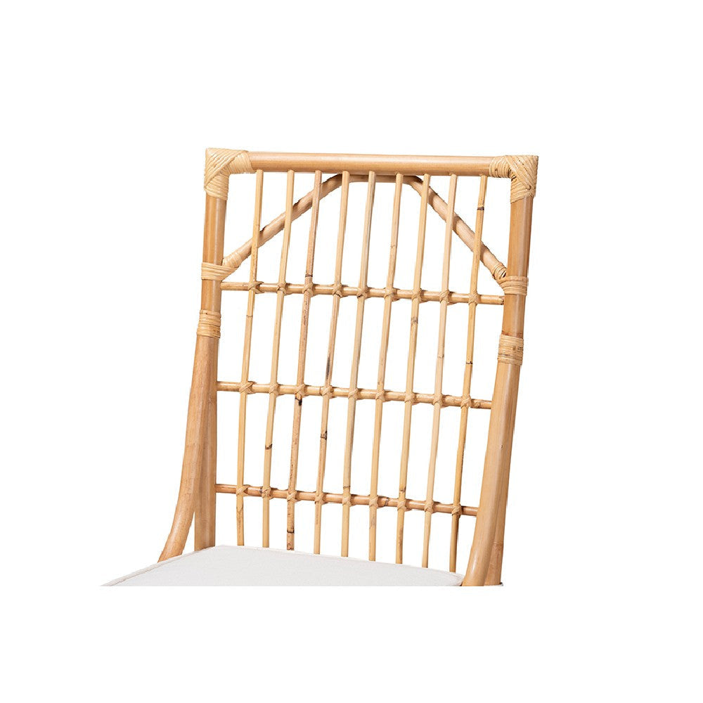 bali & pari Rose Modern Bohemian White Fabric Upholstered and Natural Brown Rattan Dining Chair WHI-Rose-Rattan-DC-No-Arm