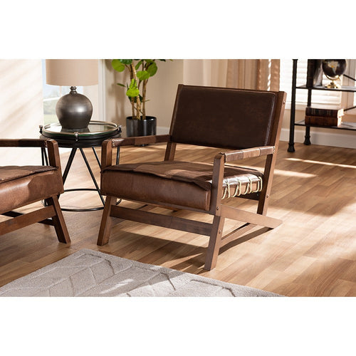 Baxton Studio Rovelyn Rustic Brown Faux Leather Upholstered Walnut Finished Wood Lounge Chair