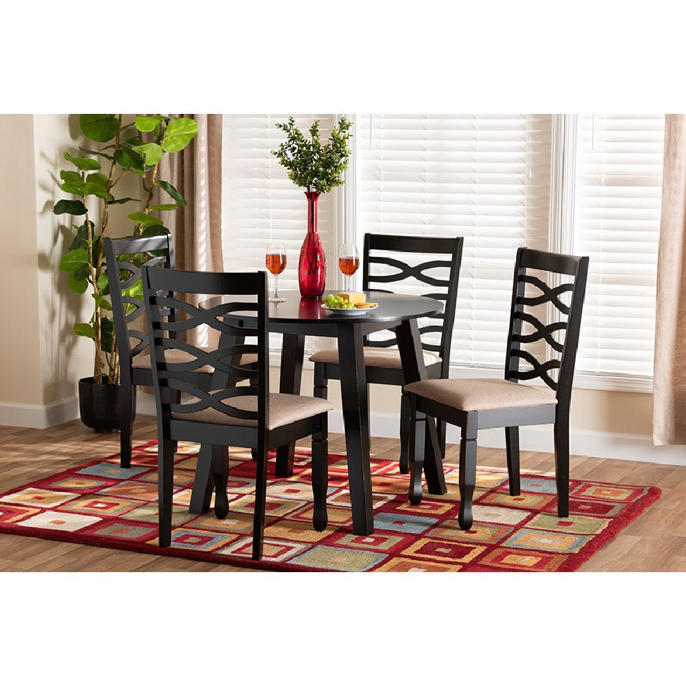 Baxton Studio Ruby Modern Beige Fabric and Dark Brown Finished Wood 5-Piece Dining Set WHI-Ruby-Sand-Dark-Brown-5PC-Dining-Set