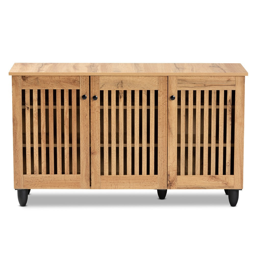 Baxton Studio Fernanda Modern and Contemporary Oak Brown Finished Wood 3-Door Shoe Cabinet WHI-SC864573-A-Wotan-Oak