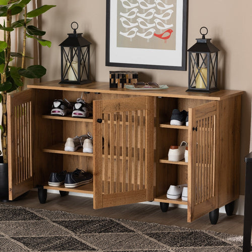 Baxton Studio Fernanda Modern and Contemporary Oak Brown Finished Wood 3-Door Shoe Cabinet