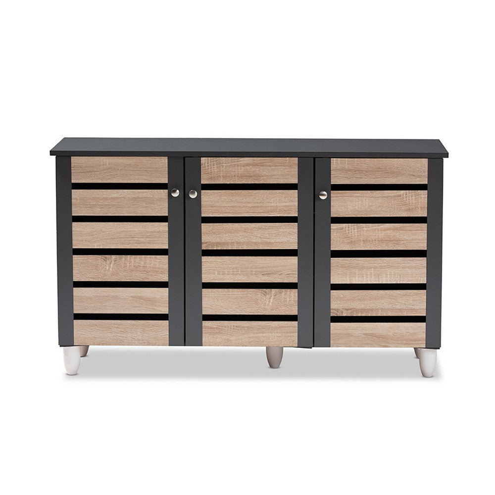 Baxton Studio Gisela Modern and Contemporary Two-Tone Oak and Dark Gray 3-Door Shoe Storage Cabinet