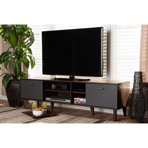 Baxton Studio Moina Mid-Century Modern Two-Tone Walnut Brown and Grey Finished Wood TV Stand