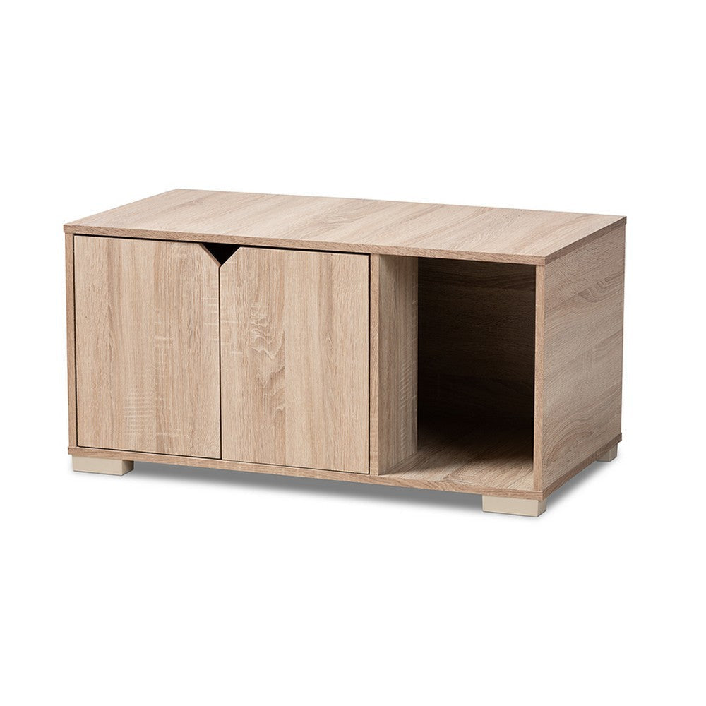 Baxton Studio Jasper Modern and Contemporary Oak Finished 2-Door Wood Cat Litter Box Cover House WHI-SECHC150040WI-Hana-Oak-Cat-House