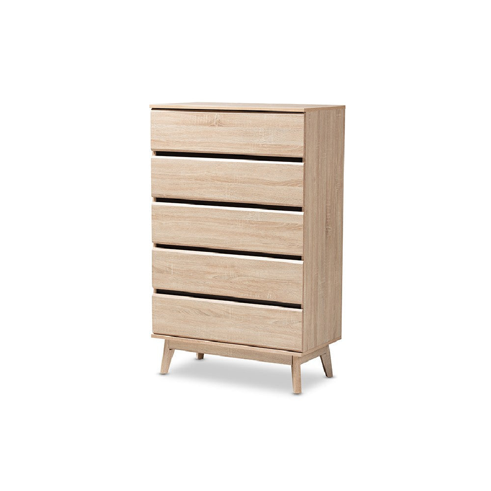 Baxton Studio Miren Mid-Century Modern Light Oak and Dark Grey 5-Drawer Chest WHI-SECOD5014-Hana-Oak-Dark-Grey-5DW-Chest