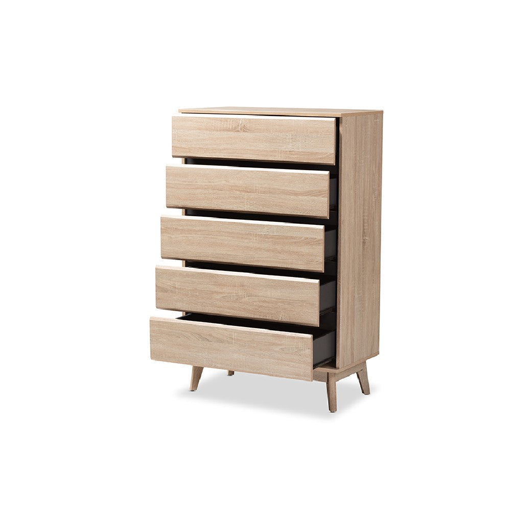 Baxton Studio Miren Mid-Century Modern Light Oak and Dark Grey 5-Drawer Chest WHI-SECOD5014-Hana-Oak-Dark-Grey-5DW-Chest