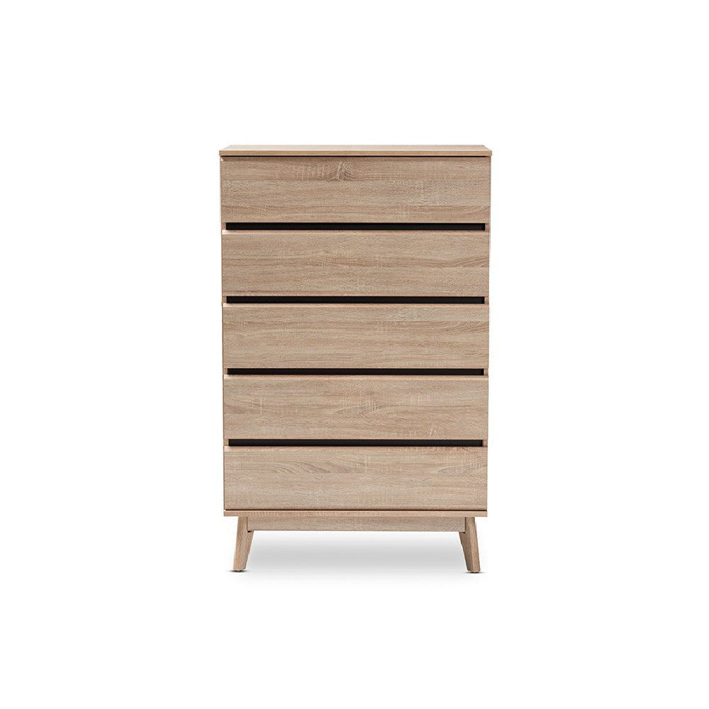 Baxton Studio Miren Mid-Century Modern Light Oak and Dark Grey 5-Drawer Chest WHI-SECOD5014-Hana-Oak-Dark-Grey-5DW-Chest