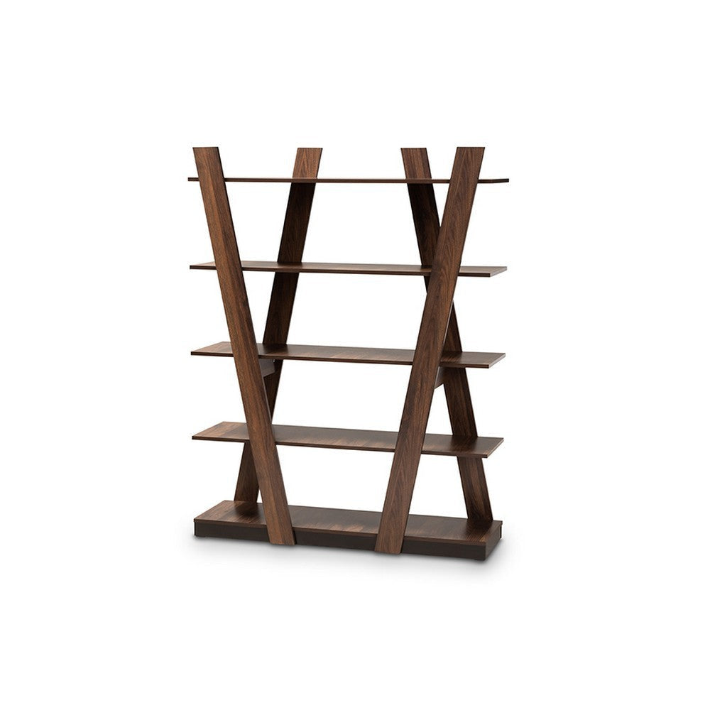 Baxton Studio Michio Modern and Contemporary Walnut Brown Finished 5-Tier Wood Geometric Living Room Display Shelf