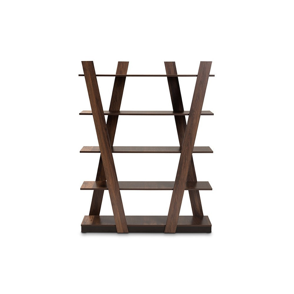 Baxton Studio Michio Modern and Contemporary Walnut Brown Finished 5-Tier Wood Geometric Living Room Display Shelf