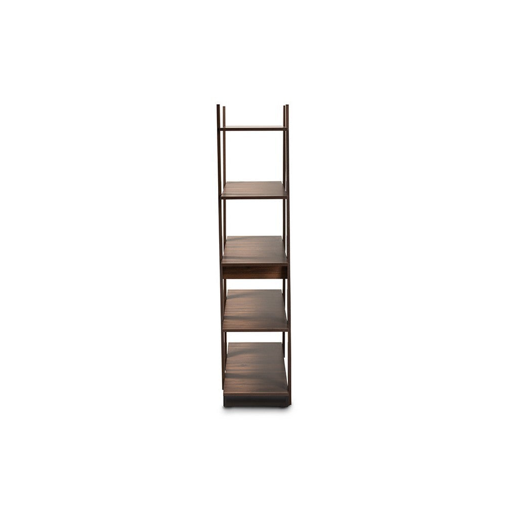 Baxton Studio Michio Modern and Contemporary Walnut Brown Finished 5-Tier Wood Geometric Living Room Display Shelf