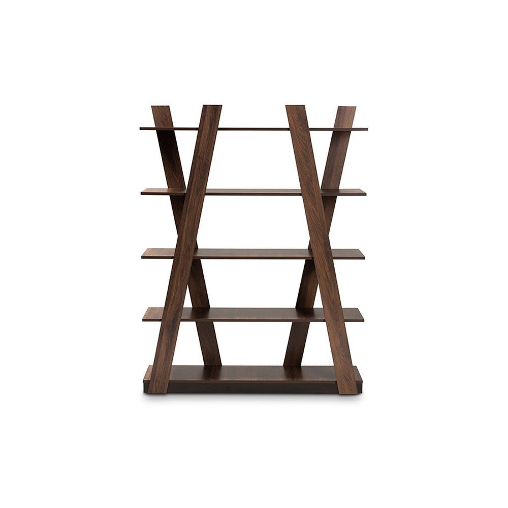 Baxton Studio Michio Modern and Contemporary Walnut Brown Finished 5-Tier Wood Geometric Living Room Display Shelf
