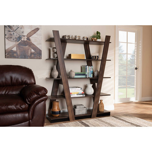 Baxton Studio Michio Modern and Contemporary Walnut Brown Finished 5-Tier Wood Geometric Living Room Display Shelf