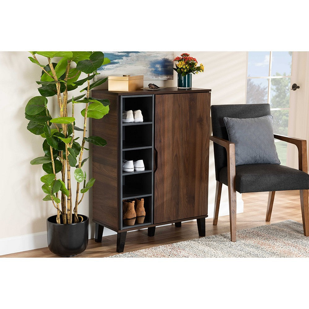Baxton Studio Idina Mid-Century Modern Two-Tone Walnut Brown and Grey Finished Wood 1-Door Shoe Cabinet
