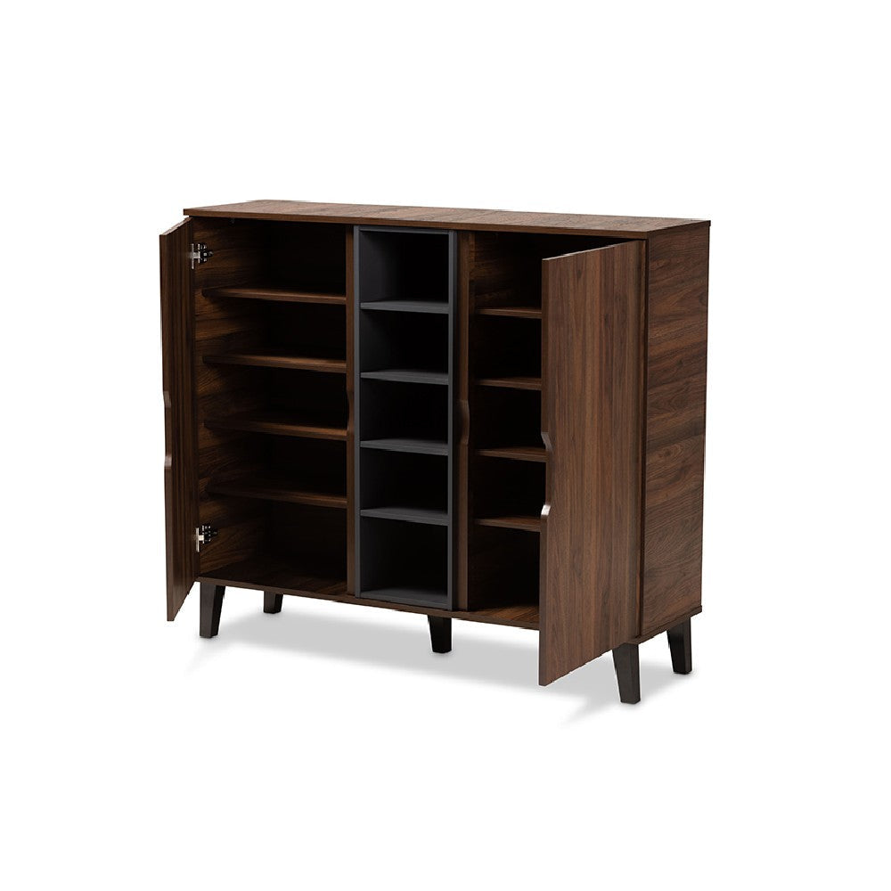 Baxton Studio Idina Mid-Century Modern Two-Tone Walnut Brown and Grey Finished Wood 2-Door Shoe Cabinet WHI-SESC16105-Columbia-Shoe-Cabinet
