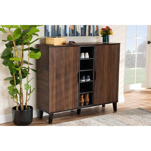 Baxton Studio Idina Mid-Century Modern Two-Tone Walnut Brown and Grey Finished Wood 2-Door Shoe Cabinet