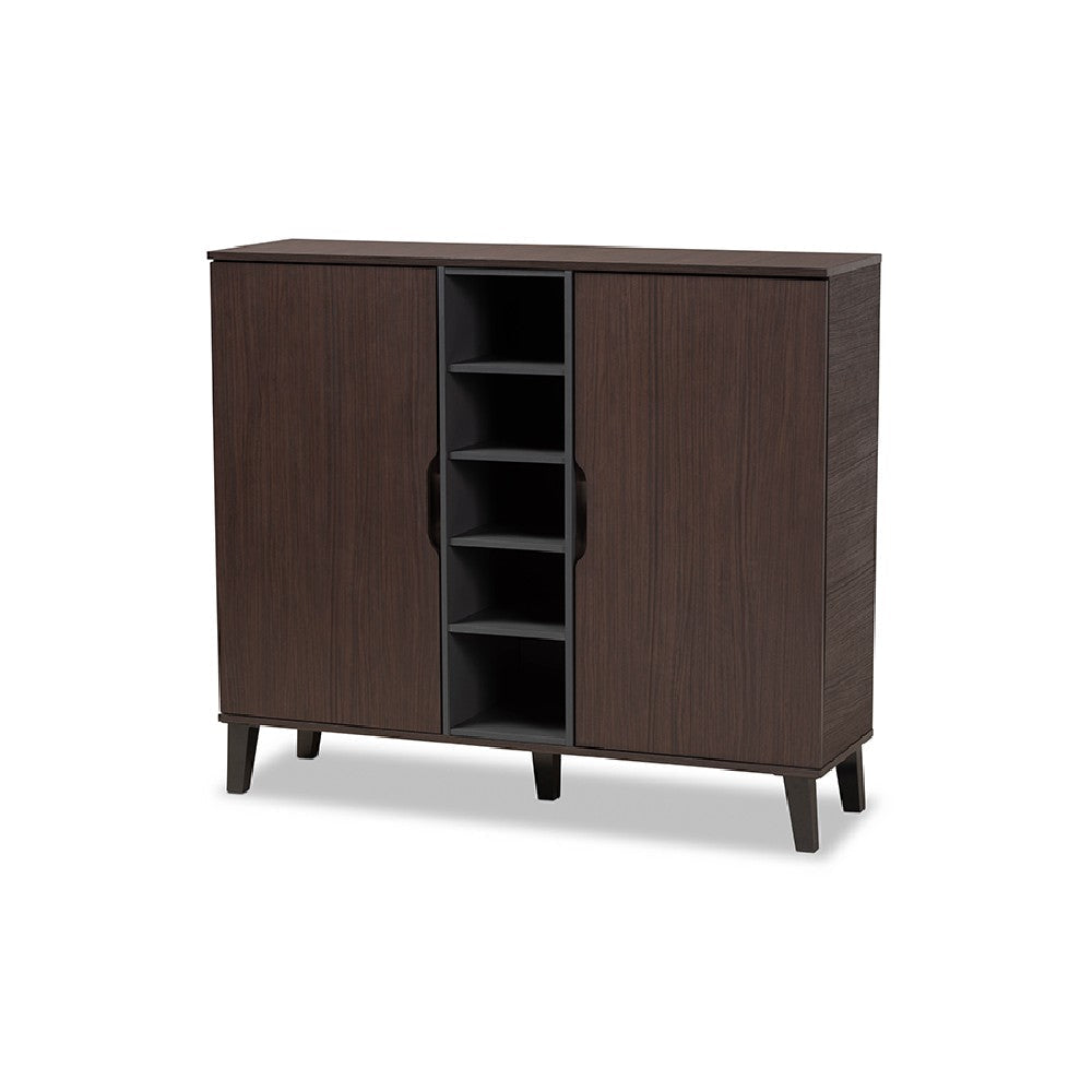 Baxton Studio Idina Mid-Century Modern Two-Tone Dark Brown and Grey Finished Wood 2-Door Shoe Cabinet WHI-SESC16105-Modi-Wenge-Shoe-Cabinet
