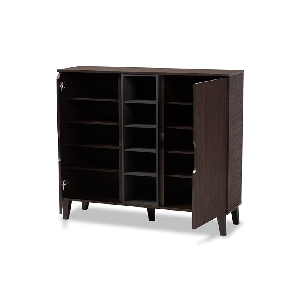Baxton Studio Idina Mid-Century Modern Two-Tone Dark Brown and Grey Finished Wood 2-Door Shoe Cabinet WHI-SESC16105-Modi-Wenge-Shoe-Cabinet
