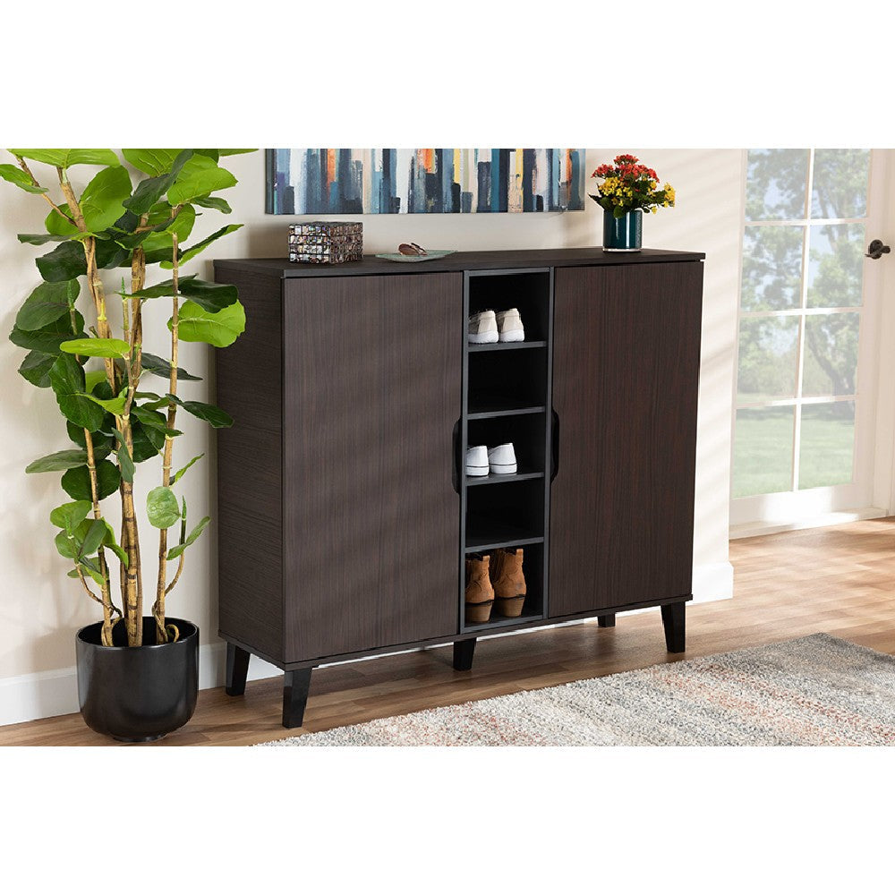 Baxton Studio Idina Mid-Century Modern Two-Tone Dark Brown and Grey Finished Wood 2-Door Shoe Cabinet