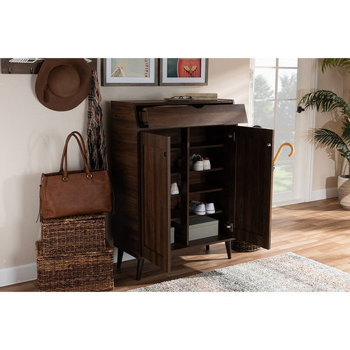 Baxton Studio Cormier Mid-Century Modern Walnut Brown finished 2-Door Wood Entryway Shoe Storage Cabinet
