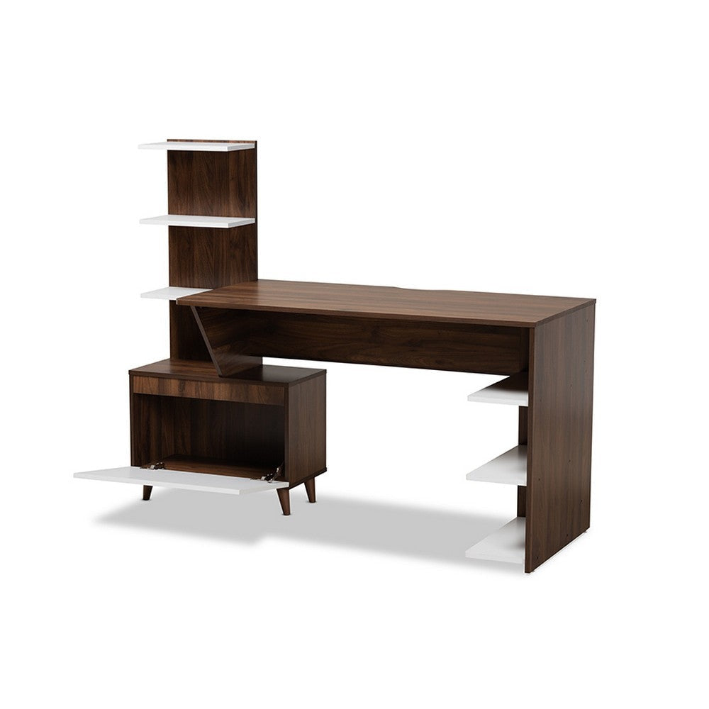 Baxton Studio Tobias Mid-Century Modern Two-Tone White and Walnut Brown Finished Wood Storage Computer Desk with Shelves