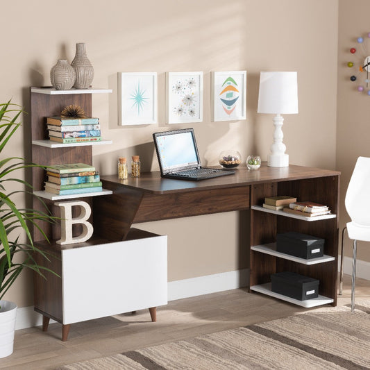 Baxton Studio Tobias Mid-Century Modern Two-Tone White and Walnut Brown Finished Wood Storage Computer Desk with Shelves