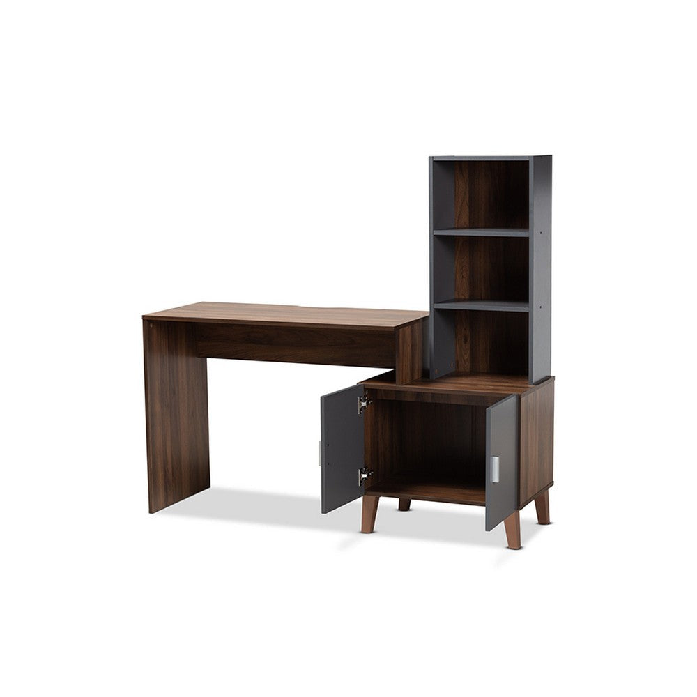 Baxton Studio Jaeger Modern and Contemporary Two-Tone Walnut Brown and Dark Grey Finished Wood Storage Desk with Shelves
