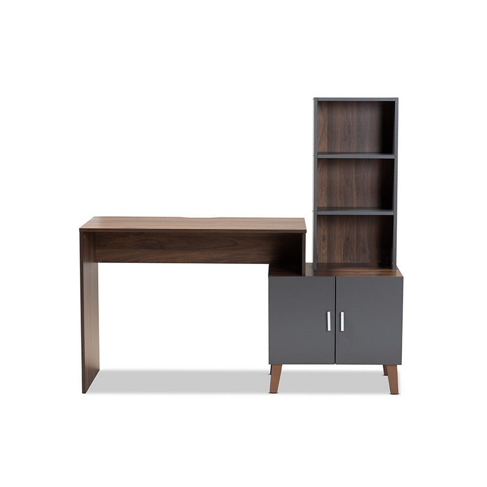 Baxton Studio Jaeger Modern and Contemporary Two-Tone Walnut Brown and Dark Grey Finished Wood Storage Desk with Shelves