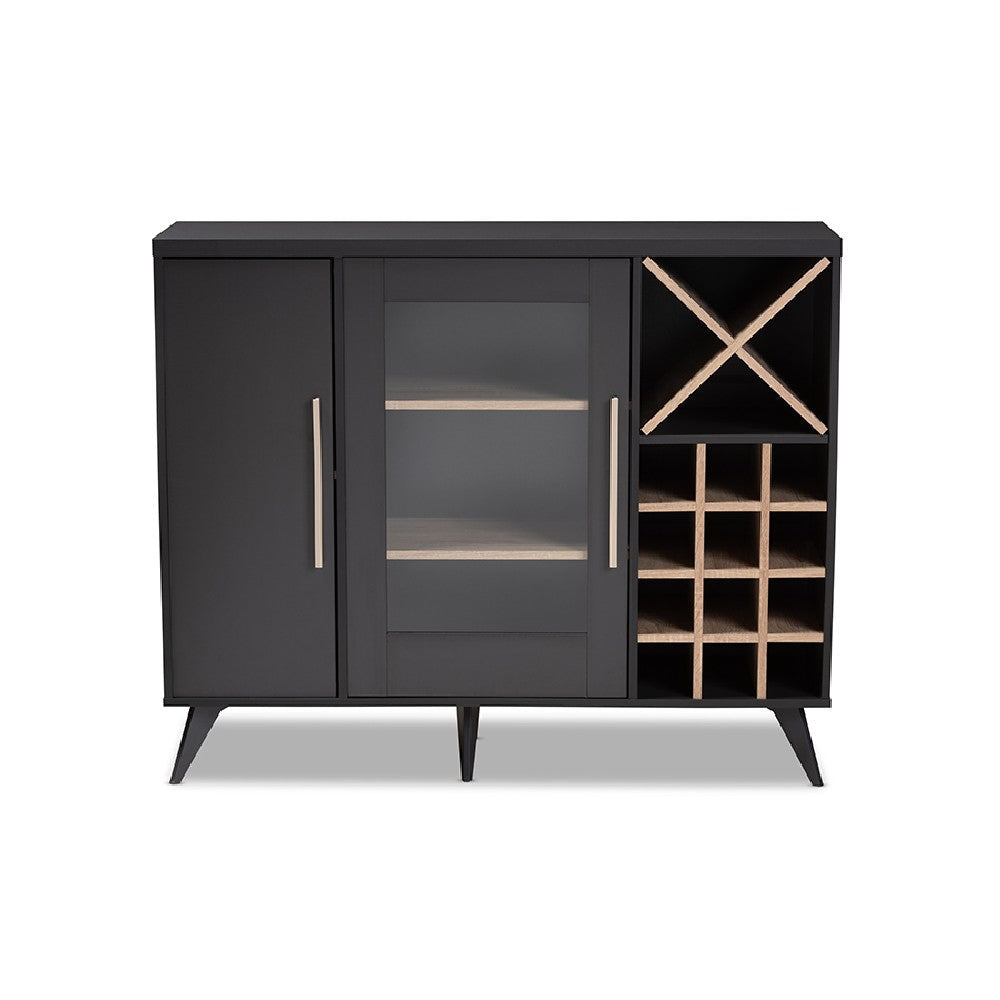 Baxton Studio Pietro Mid-Century Modern Dark Grey and Oak Finished Wine Cabinet