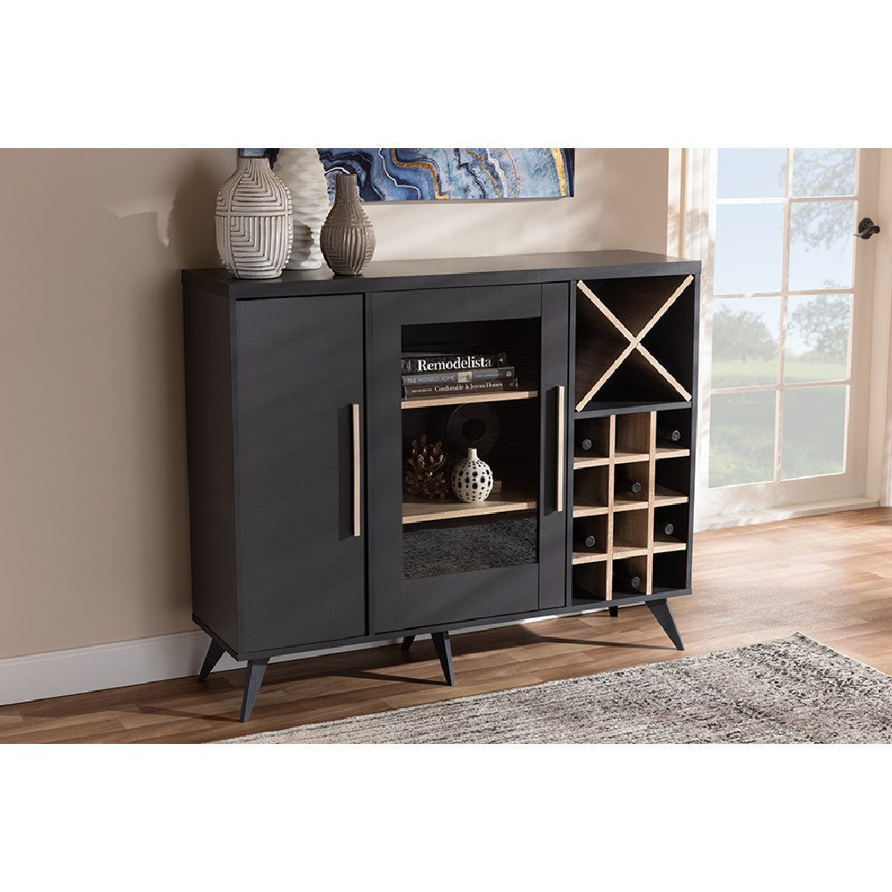 Baxton Studio Pietro Mid-Century Modern Dark Grey and Oak Finished Wine Cabinet