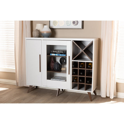 Baxton Studio Pietro Mid-Century Modern White and Brown Finished Wine Cabinet