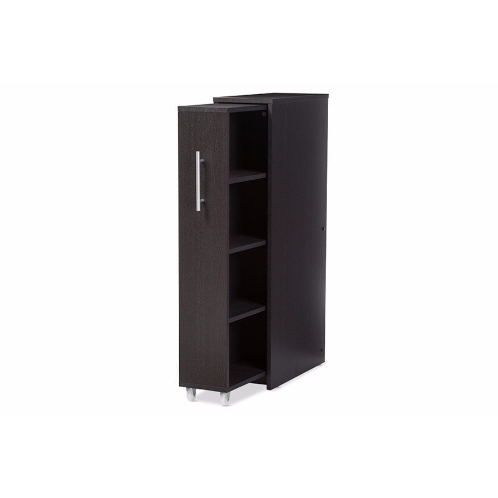 Baxton Studio Lindo Dark Brown Wood Bookcase with One Pulled-out Door Shelving Cabinet
