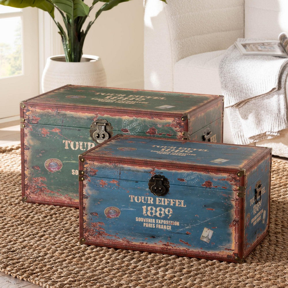 Baxton Studio Sabeen Vintage Parisian Faux Leather and Wood 2-Piece Storage Trunk Set WHI-SJ14306R-Wooden-Trunk