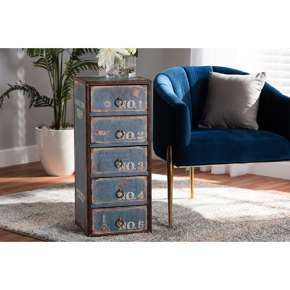 Baxton Studio Alba Vintage Rustic French Inspired Blue Finished Wood 5-Drawer Accent Storage Cabinet WHI-SJ14502-Blue-5DW-Cabinet