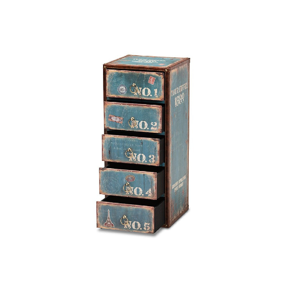 Baxton Studio Alba Vintage Rustic French Inspired Blue Finished Wood 5-Drawer Accent Storage Cabinet WHI-SJ14502-Blue-5DW-Cabinet