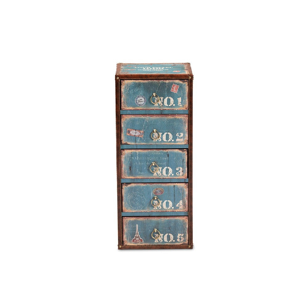 Baxton Studio Alba Vintage Rustic French Inspired Blue Finished Wood 5-Drawer Accent Storage Cabinet WHI-SJ14502-Blue-5DW-Cabinet