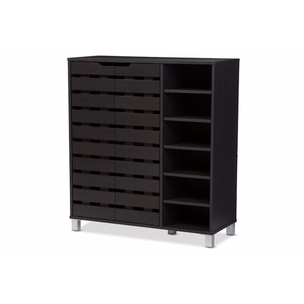 Baxton Studio Shirley Modern and Contemporary Dark Brown Wood 2-Door Shoe Cabinet with Open Shelves