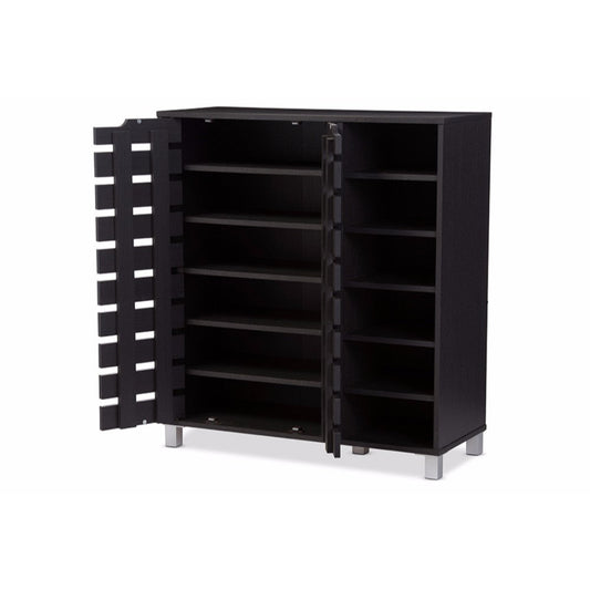 Baxton Studio Shirley Modern and Contemporary Dark Brown Wood 2-Door Shoe Cabinet with Open Shelves