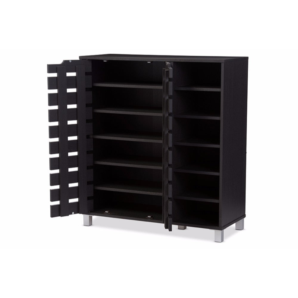 Baxton Studio Shirley Modern and Contemporary Dark Brown Wood 2-Door Shoe Cabinet with Open Shelves