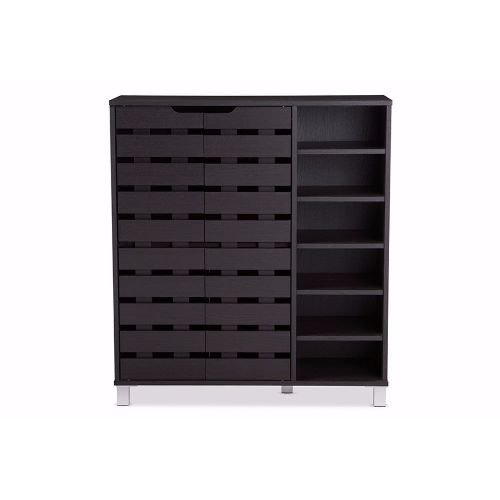 Baxton Studio Shirley Modern and Contemporary Dark Brown Wood 2-Door Shoe Cabinet with Open Shelves
