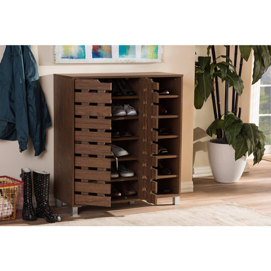 Baxton Studio Shirley Modern and Contemporary "Walnut" Medium Brown Wood 2-Door Shoe Cabinet with Open Shelves
