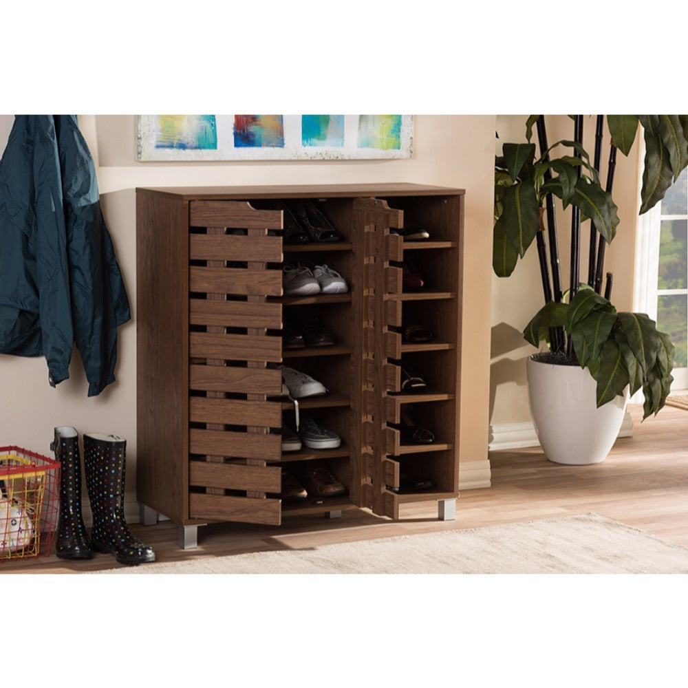 Baxton Studio Shirley Modern and Contemporary "Walnut" Medium Brown Wood 2-Door Shoe Cabinet with Open Shelves