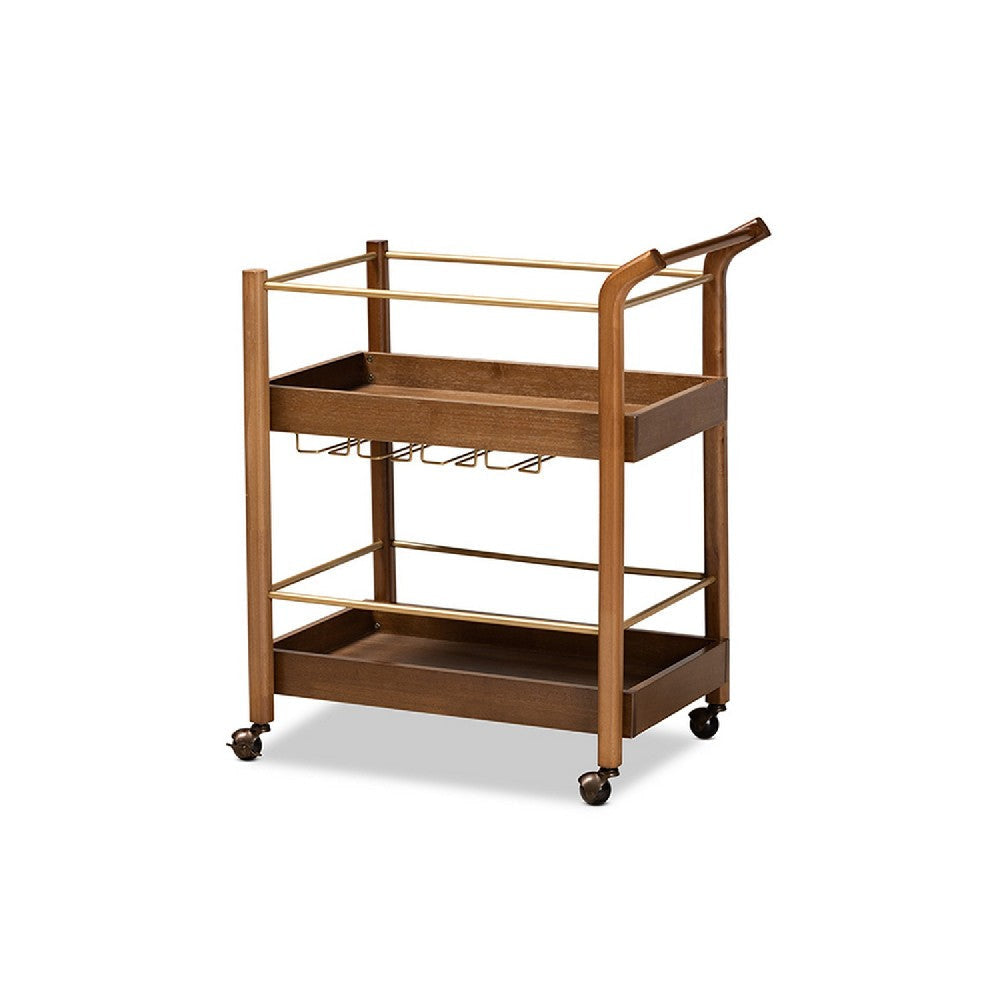 Baxton Studio Tahir Modern and Contemporary Walnut Brown Finished Wood and Antique Gold Finished Metal 2-Tier Mobile Bar Cart