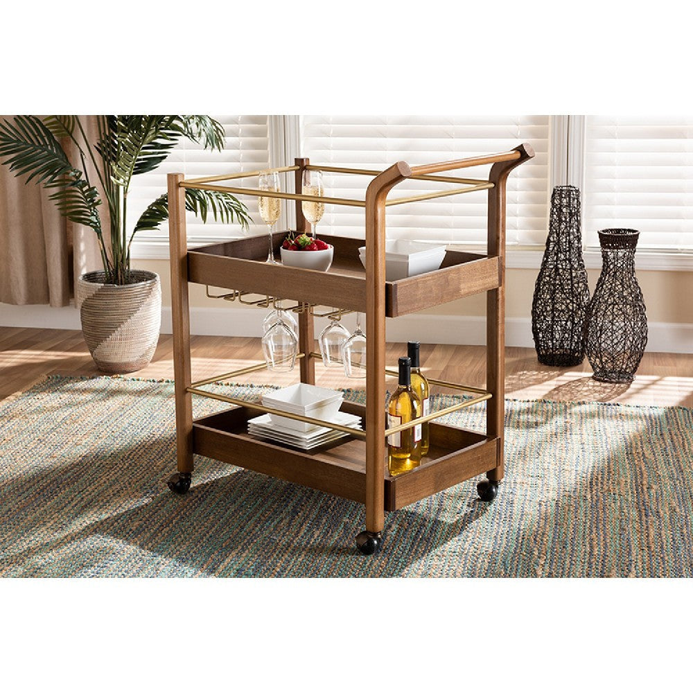Baxton Studio Tahir Modern and Contemporary Walnut Brown Finished Wood and Antique Gold Finished Metal 2-Tier Mobile Bar Cart