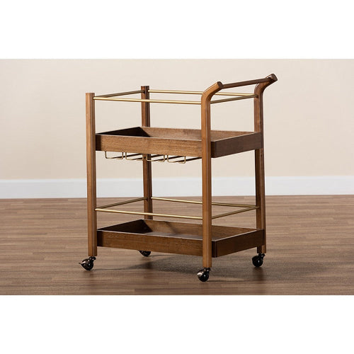 Baxton Studio Tahir Modern and Contemporary Walnut Brown Finished Wood and Antique Gold Finished Metal 2-Tier Mobile Bar Cart