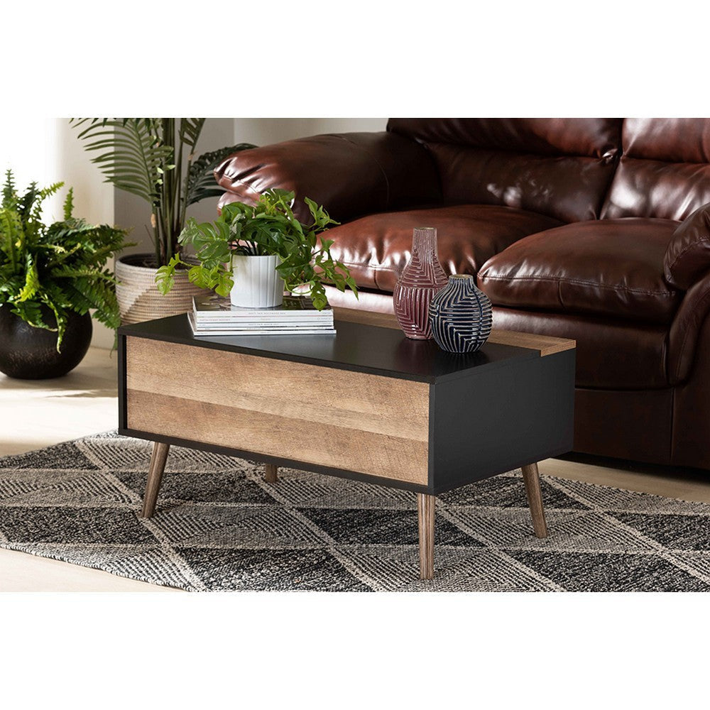 Baxton Studio Jensen Modern and Contemporary Two-Tone Black and Rustic Brown Finished Wood Lift Top Coffee Table with Storage Compartment
